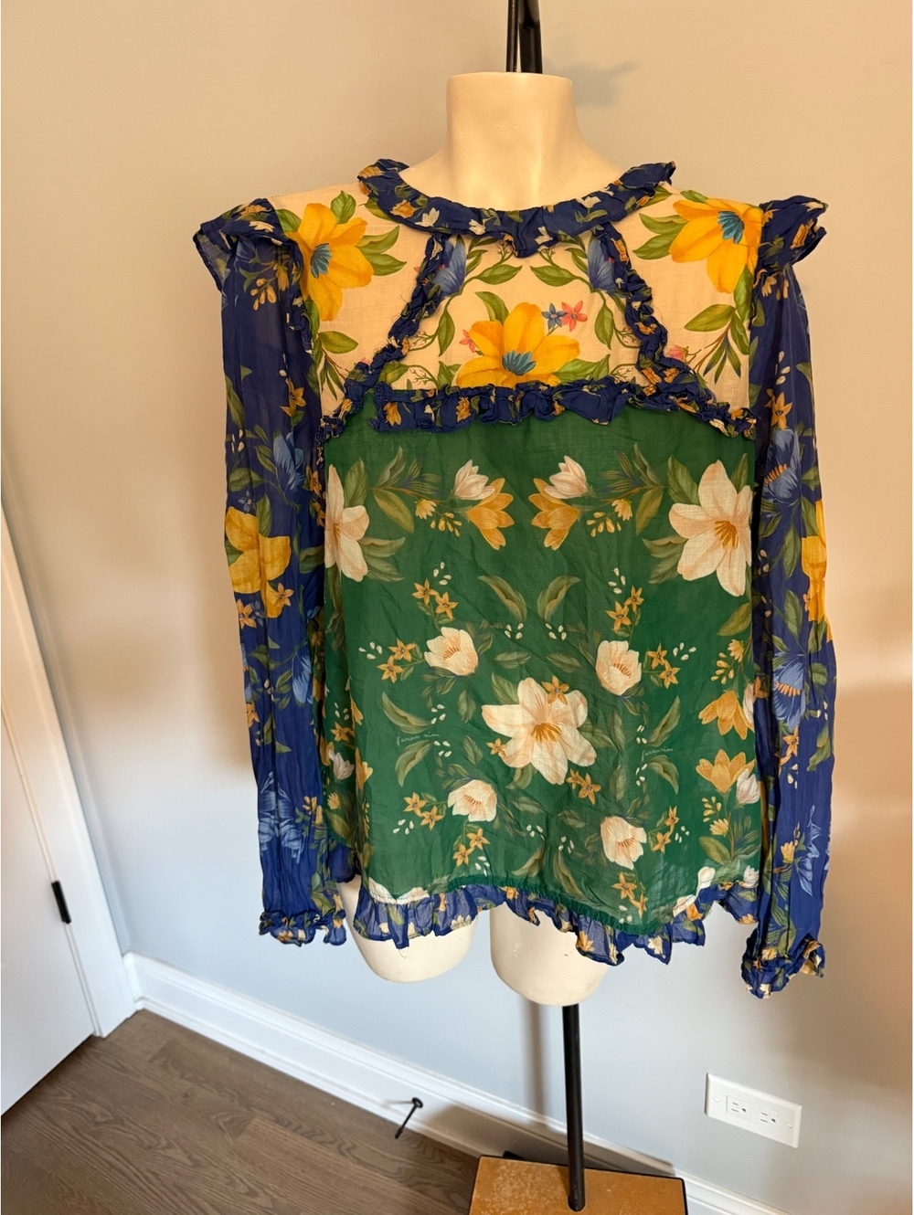Farm Rio for Anthropologie Floral Sheer Ruffle Blouse Large